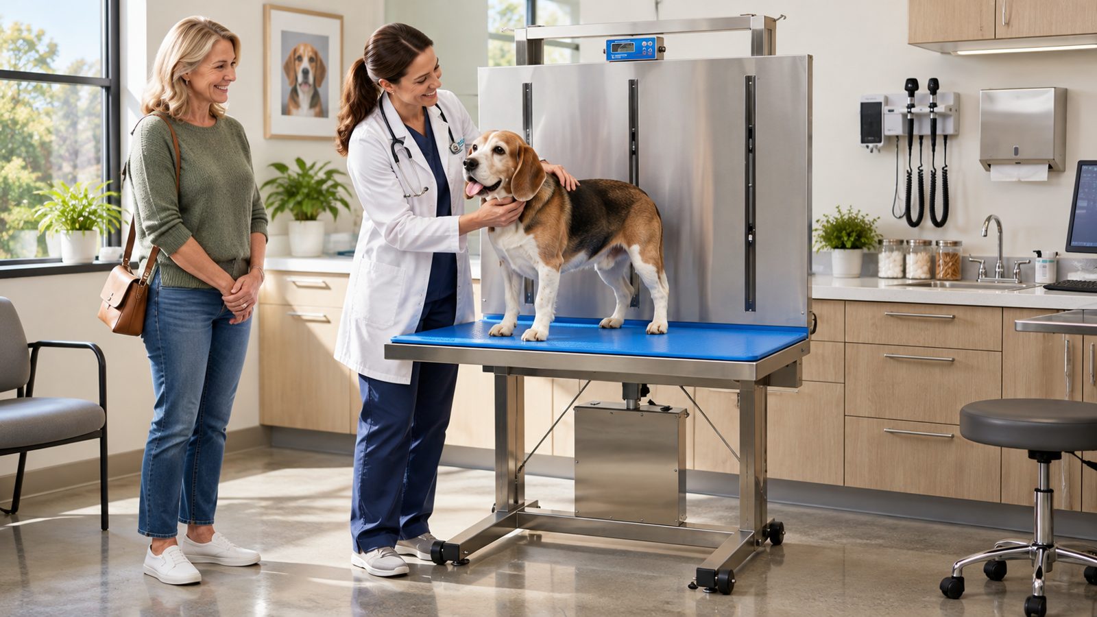 Veterinarian examining a beagle on an Elsam III Peninsula lift table