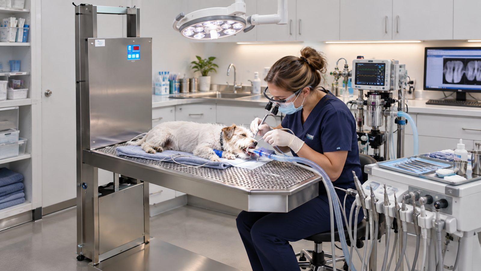 Veterinarian seated at a wet dental lift table examining a dog