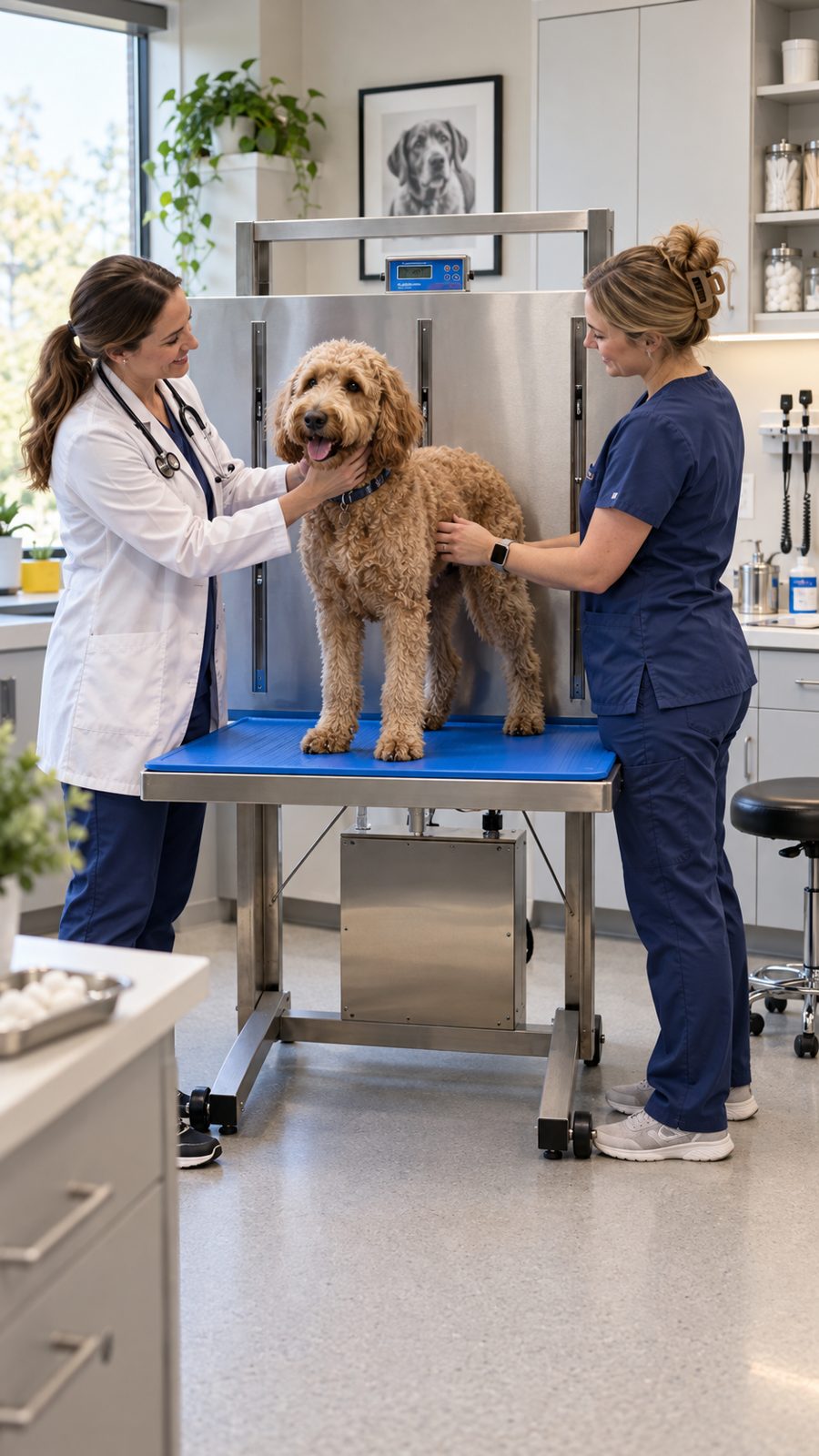 Veterinarian and owner with a doodle on an Elsam lift table